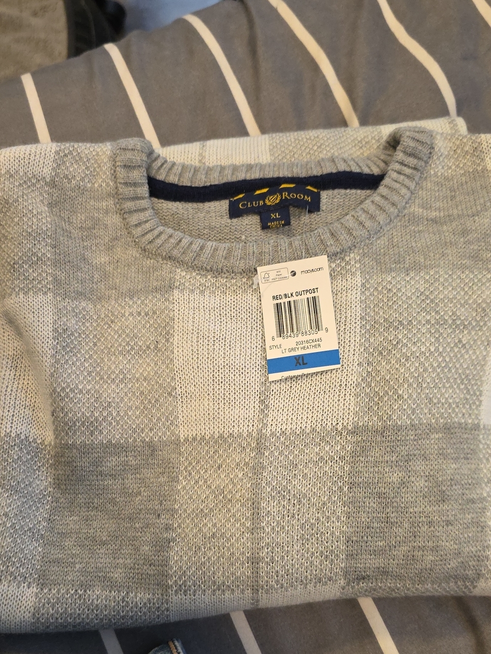 Club Room Light Gray Heather Check Crewneck Sweater